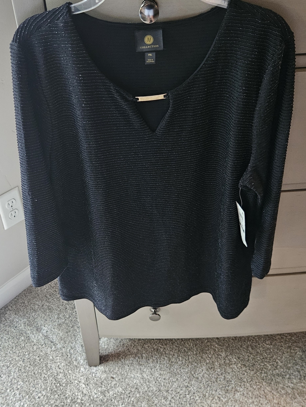 JM Collection Black Metallic-Thread V-Neck Top NEW with Tags